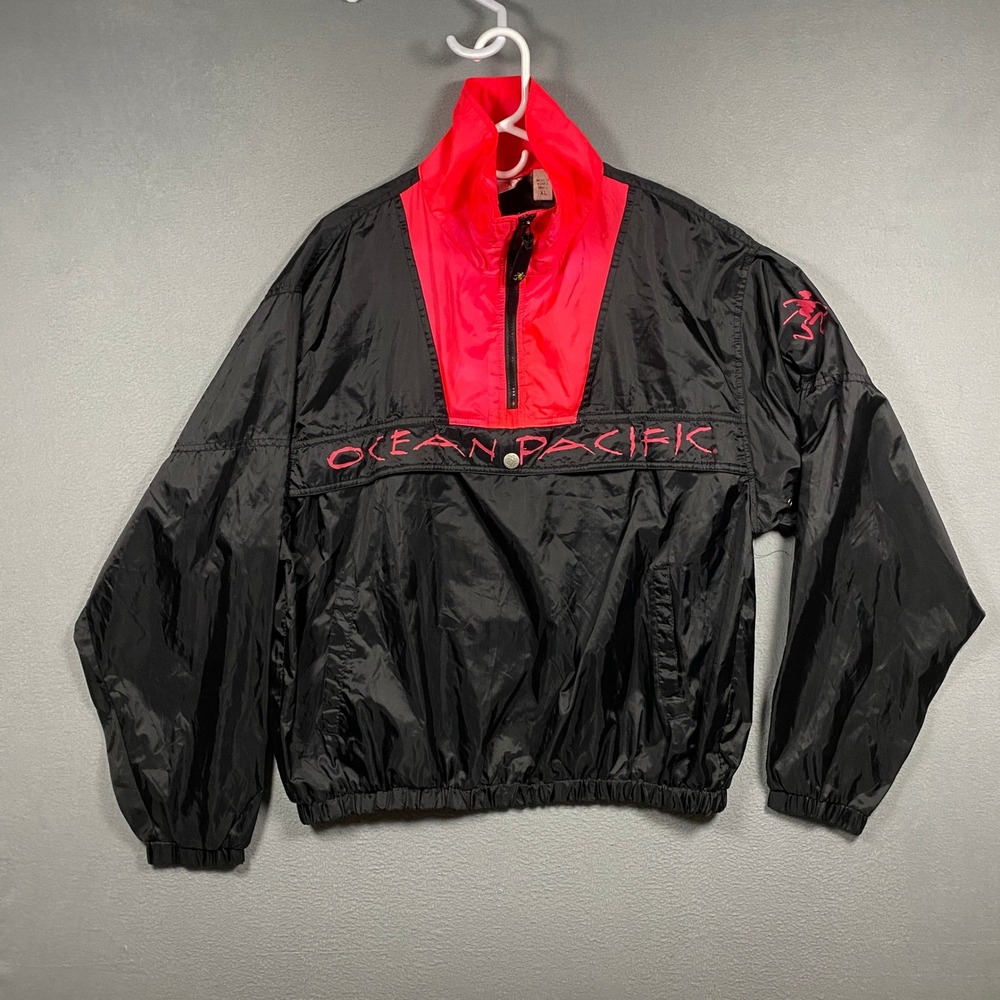 Vintage Ocean Pacific Windbreaker Mens XL Black Red Quarter Zip Pullover Jacket
